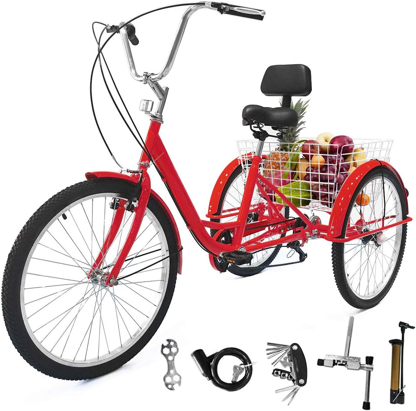 EOSAGA 7 Speed Adult Tricycle 24/26 in Trike Cruise Bike 3 Wheeled Bicycle for Women Men Shopping Recreation w/Large Basket,Multi-Function Screwdriver,Wrench,Lock,Pump