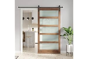 FREDBECK 42 x 84 inch Glass Barn Door with 7FT Barn Door Hardware Kit & Handle Included,5-Panel Frosted Glass,Wood Panel, Water-Proof Surface,Pre-Drilled Holes,Need Assembly