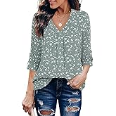 Youtalia Womens Blouses Dressy Casual Business Tops 3/4 Sleeve Chiffon V Neck Work Office Shirts
