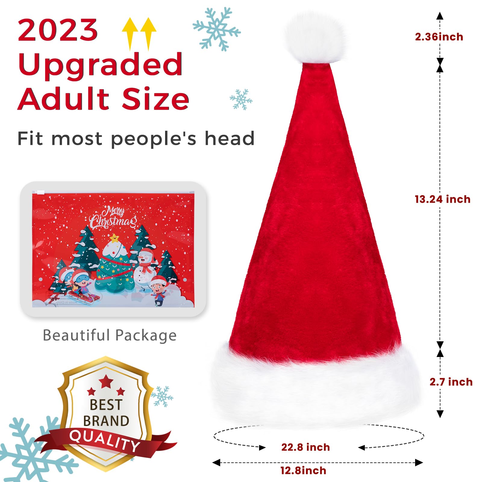 RJVW Christmas Santa Hat for Adults, Thicken Soft Velvet Comfort Classic Santa Claus Hat for New Year Party Headwear Holiday