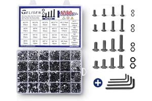 Gelisen 1230Pcs M2 M3 M4 M5 Silver Hex Socket Button Head Screws Nuts Washers Assortment Sets,10.9 Class Alloy Steel Screws Bolts Kit with 4 Allen Wrenches