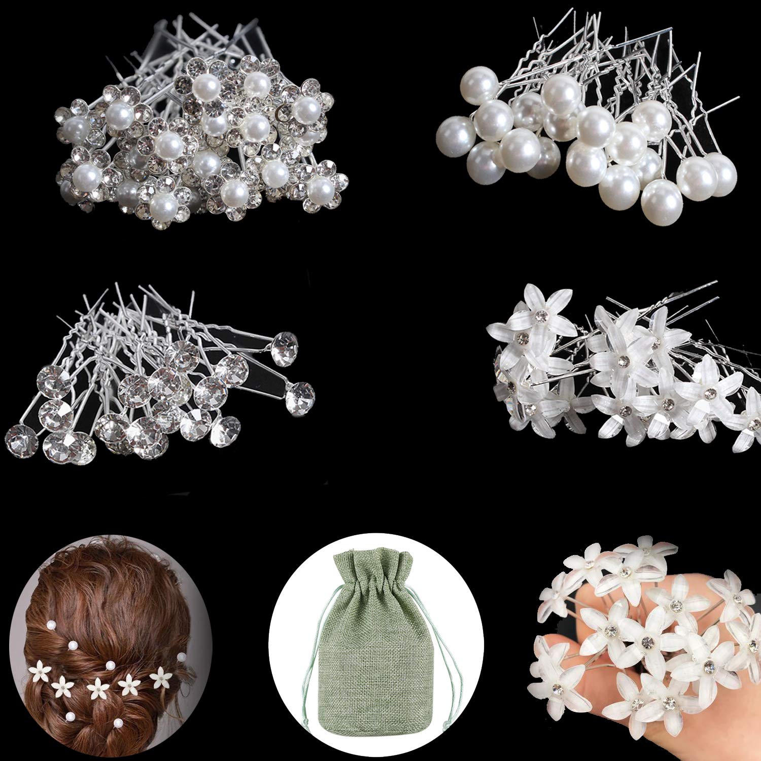 ZOCONE 51 Pcs Wedding Hairpins & Clips, Crystal Pearl Bridal Hair Pins - Silver Rhinestone Flower Hair Pins for Bride, Bridesmaid & Holy Communion