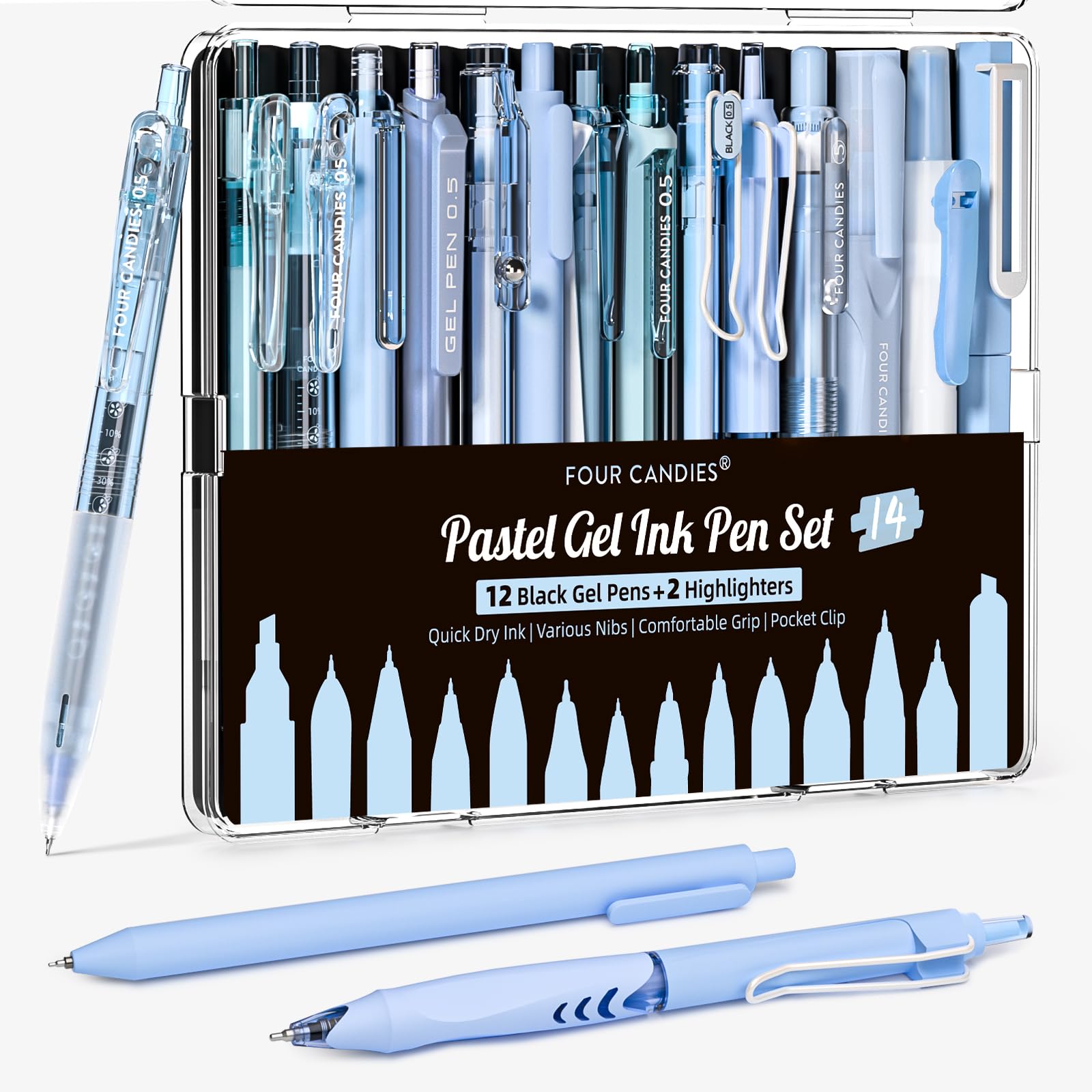 Four Candies 14Pack Pastel Gel Ink Pen Set,Cute Retractable 0.5mm Fine Point Pen,Note Taking Aesthetic Pens,12 Pack Black Ink Pens with 2Pack Highlighter, Smooth Writing Pens for School, Office (Blue)