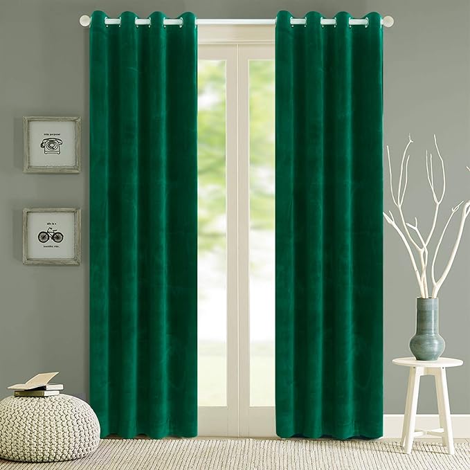 Blackout Velvet Curtains Rod Pocket Drapes Dark Green 96 inch thermal insulated for bedroom 2
