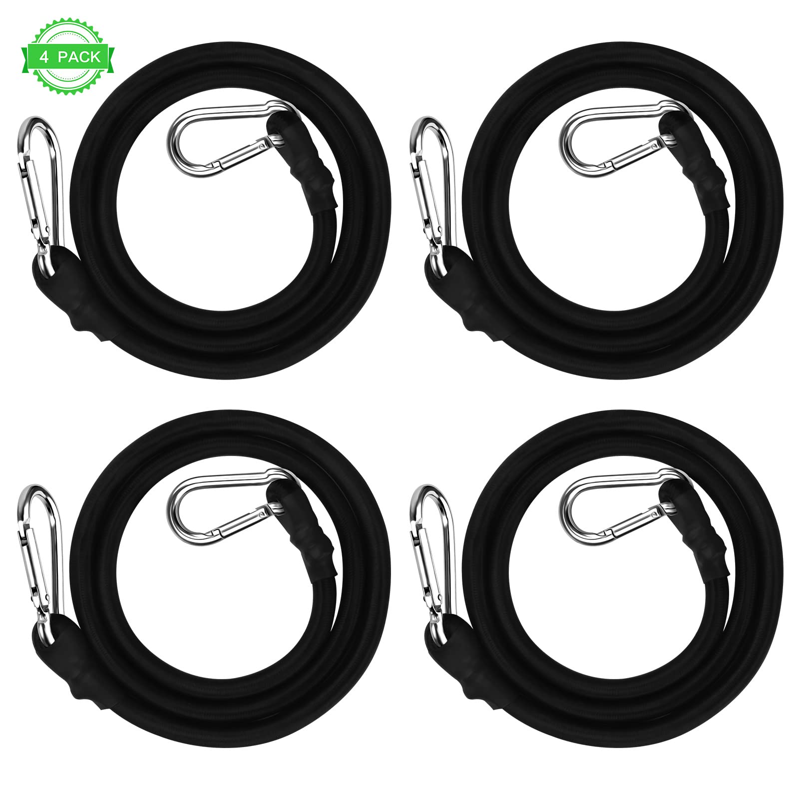 Tinyriz 4 PCS Bungee Cords with Carabiner Clips Bungee Straps Heavy Duty Dia. 10mm Elastic Bungee Straps Bungee Tie Down Straps, Black, 1m/3.28ft, (HR-ElasticRope-031)