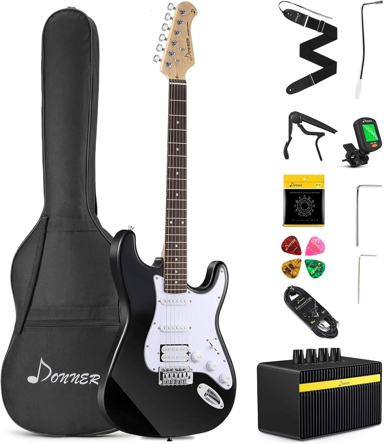 Donner 39 Inch Electric Guitar Beginner Kit Black Full-Size Starter Package HSS Pick Up with All Accessories Amp Online Lesson Bag Tuner Capo Strap String Amp Cable Picks DST-100B