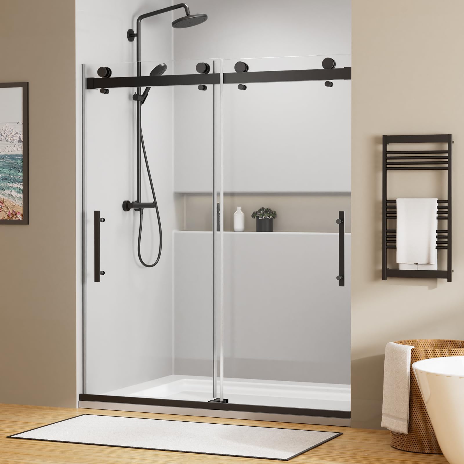 Photo 1 of ************INCOMPLETE, MISSING 1 OF THE PANELS OF GLASS AND SOME MOUNTING PIECES****************
AVKENOEDY Shower Door,60" W x 74" H Frameless Shower Door,Double Sliding Shower Door with Premium 1/4" (6mm) Thick Tempered Glass, Stainless Steel, Matte Bla