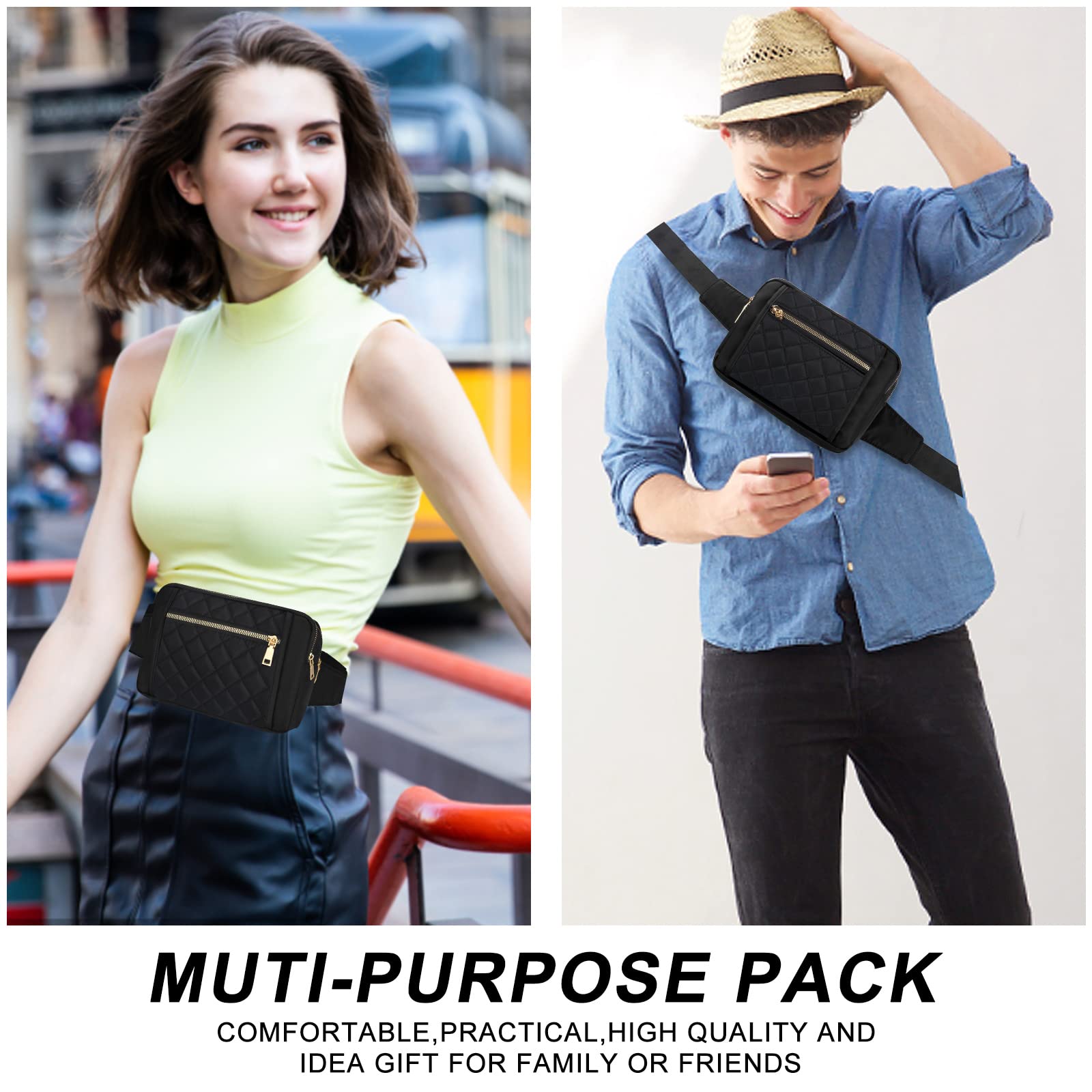 Cute Large Black Fanny Packs for Women Cross Body Waist Bag Nylon Fashionable Fanny Pack Designer Workout Hiking Waist Pack Running Travel Gym Pretty Zipper Fashion Quilted Womens Fanny Pack