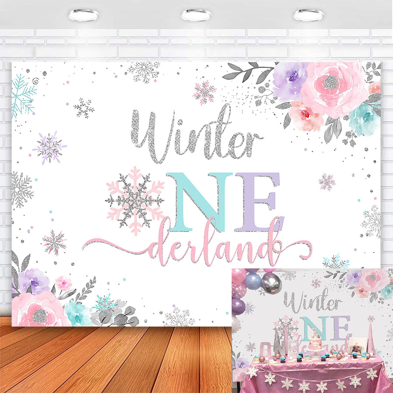 Photo 1 of Avezano Winter Onederland Backdrop Winter Onederland First Birthday Party Decorations Girl Snowflake 1st Onederland Birthday Banner Background Blue Pink and Silver 7x5ft