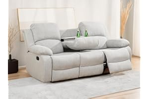 Dekmxas Manual Reclining Sofa Modern Fabric Reclining Sofa Couch Recliner Sofa in 3 Seats Living Room Couch with Cup Holders & Drop Down Table for Living Room/Office/Rv Car (Grey White, 3 Seater Sofa)