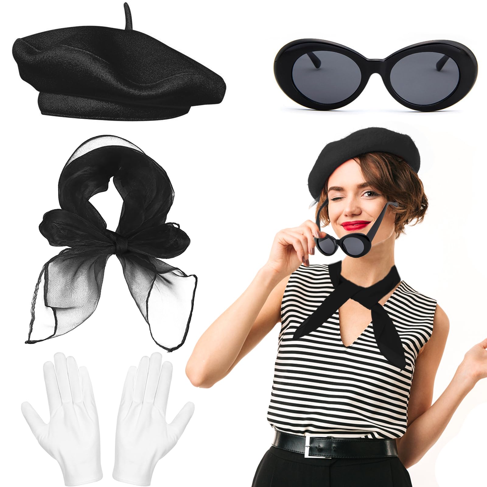 Beamely French Women's Accessories Set - Artist Mime Kit with Beret, Scarf, Sunglasses, Gloves for Girls Cosplay Party Supplies - Black — image 1