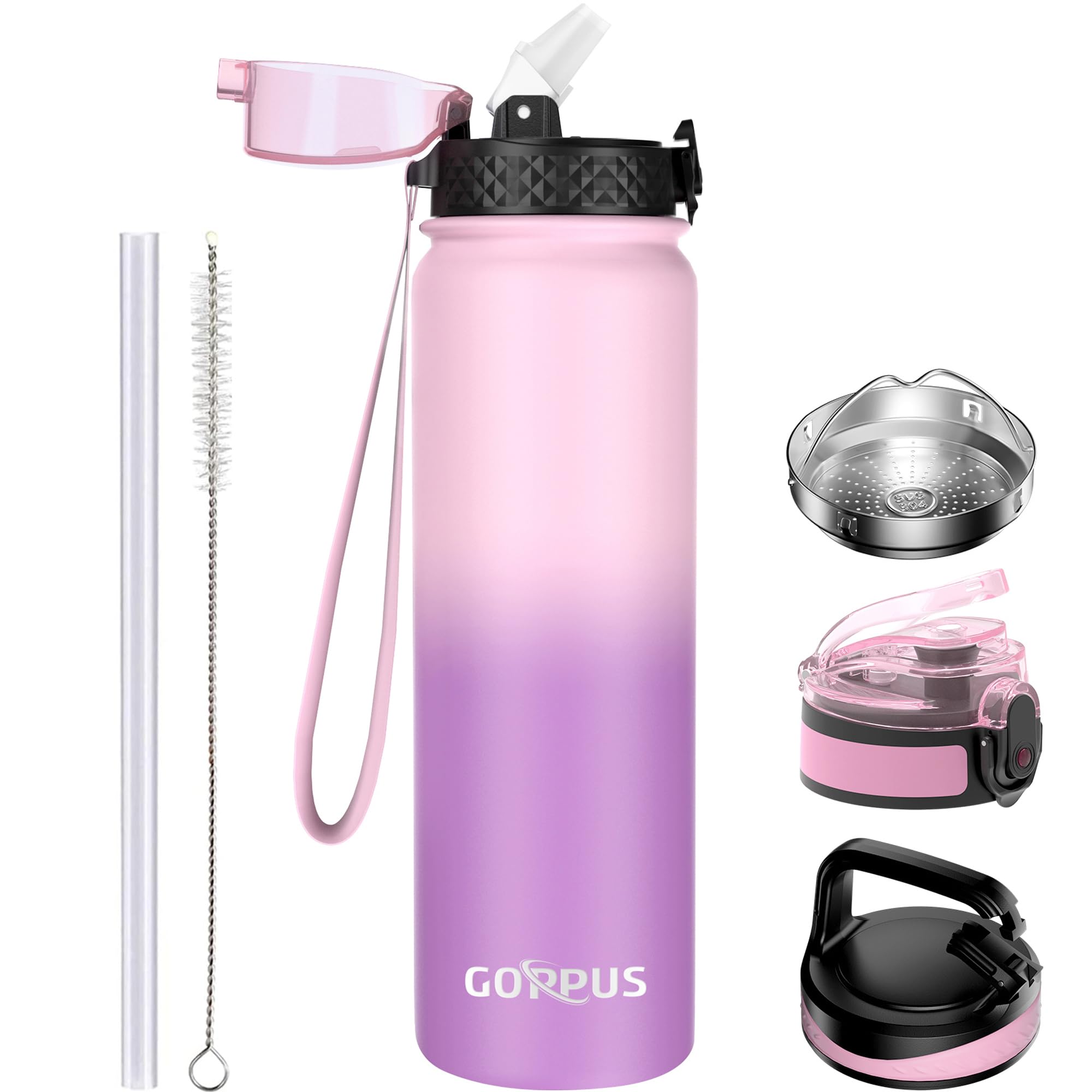 GOPPUS 1L/32oz Stainless Water Bottle with Straw Double Wall Insulated Bottles with Strap Reusable Vacuum Thermal Flask Leakproof Keep Cold Drinks Bottles with Flip Top Lid for Gym Men Women BPA Free