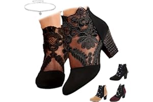 Lace Ankle Boots for Women Fashion Lace Flower Embroidery Suede Stacked High Heels Dress Short Booties Fashion Wedding Party 