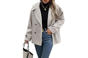 chouyatou Women's Winter Loose Fit Cropped Wool Coat Double Breasted Dressy Short Blazer Jacket Peacoat