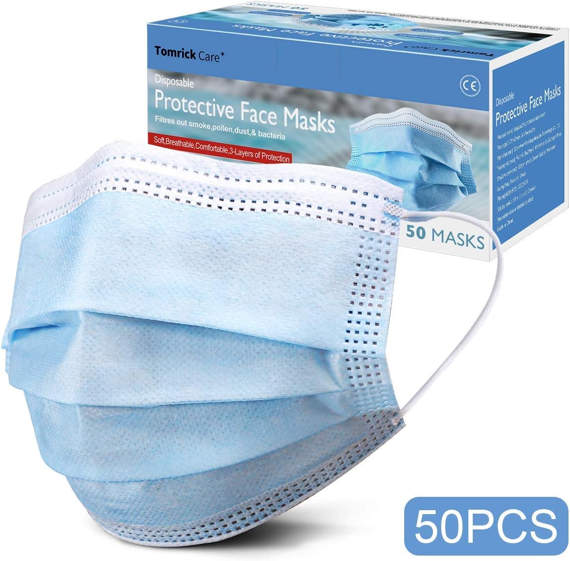 (50 Pcs) Disposable Face Mask, Breathable 3 Ply Masks with Elastic Earloops, General Use Protective Facemasks, Tomrick Care