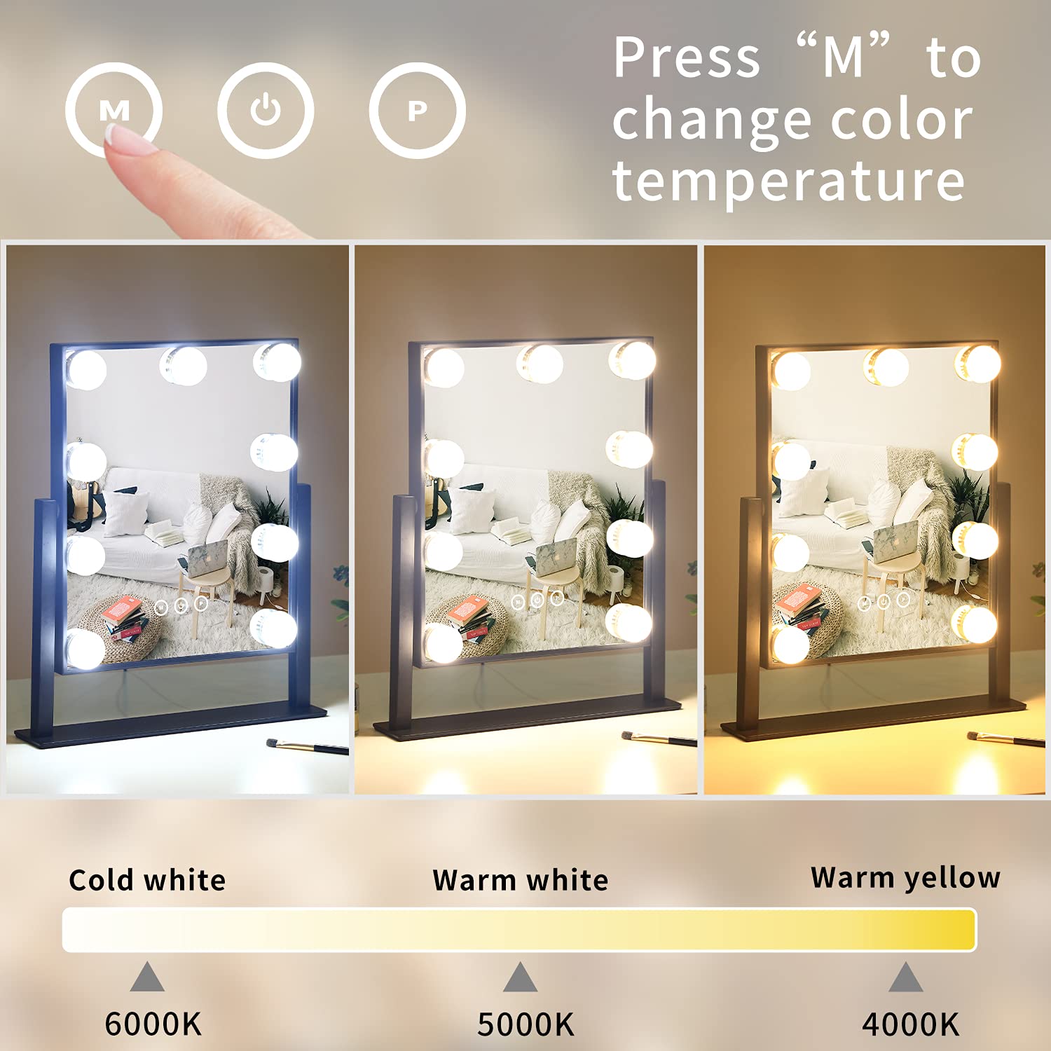Vanity Mirror with Lights,Makeup Mirror with Lights with 9 Dimmable LED Bulbs, 3 Color Lighting Modes Detachable 10X Magnification Mirror Touch Control,360°Rotation