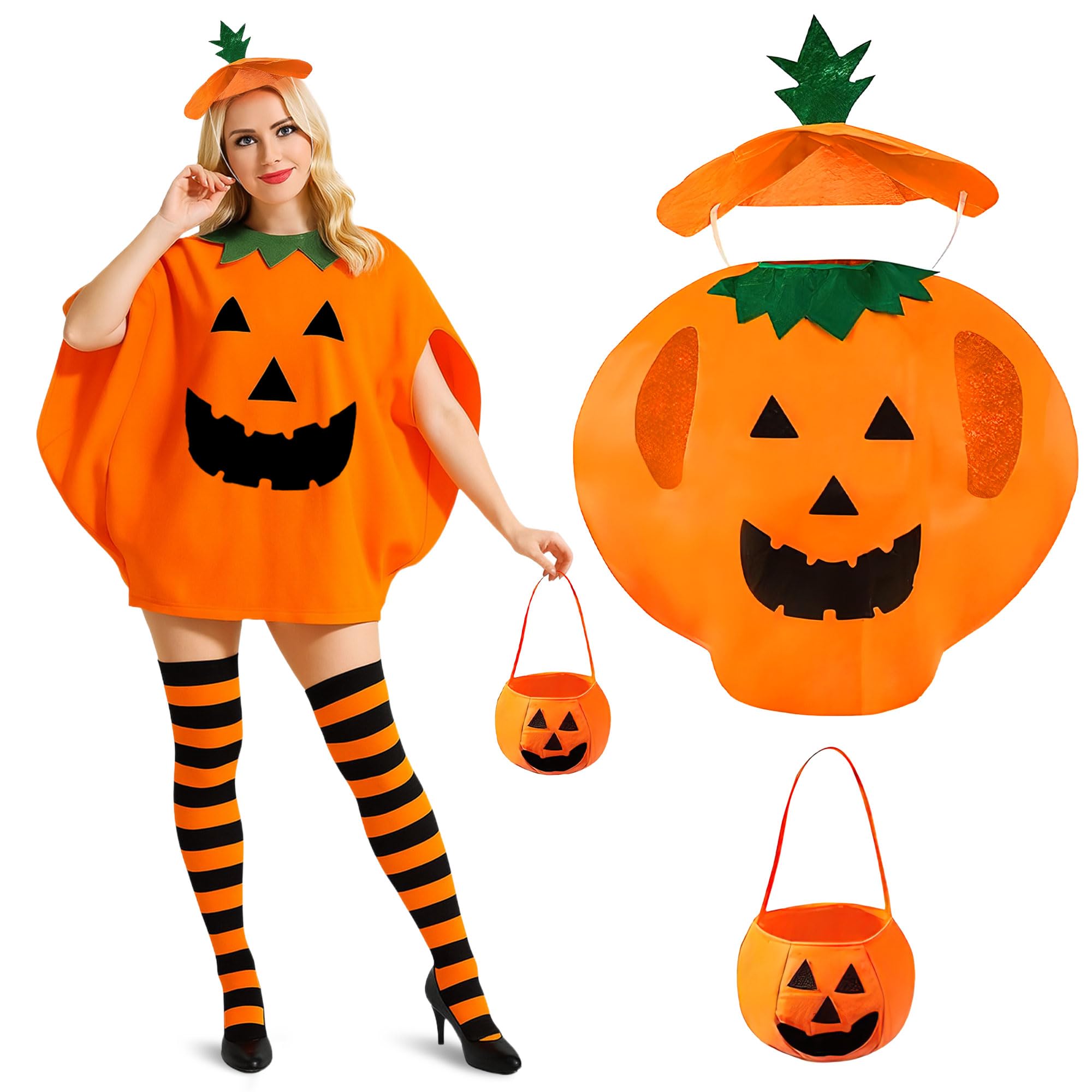 4pc Halloween Pumpkin Costume Adult Fancy Dress Women - Vibrant Orange Pumpkin Fancy Dress Costumes for Women with Black and Orange High Knee Socks, Hat and Bag - Unisex Adult Funny Halloween Outfits