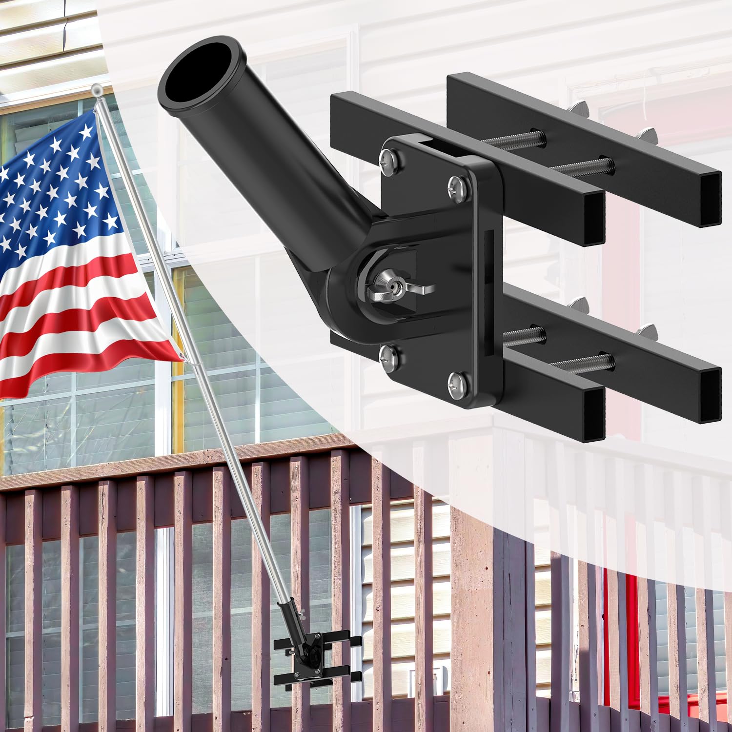 Photo 1 of NO Drilling Flagpole Mount Fit for Balcony Railing - Flag Pole Holder Perfect for Porch & Fence - fit Round and Square Railing-for 1 inch or thinner flagpole (White)