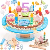 HAPGFS Wooden Birthday Cake Toy Set for Kids, Realistic Birthday Cake with Candles and Fruits for Pretend Play, Wooden Toys Educational Play Food for Birthday Parties and First Birthday Gifts for Kids