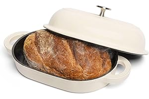 TOMO Cast Iron Oval Bread Oven, 11" x 7" - Rustic Dutch Oven Bread Cloche with Steam Circulating Lid for Perfect Sourdough
