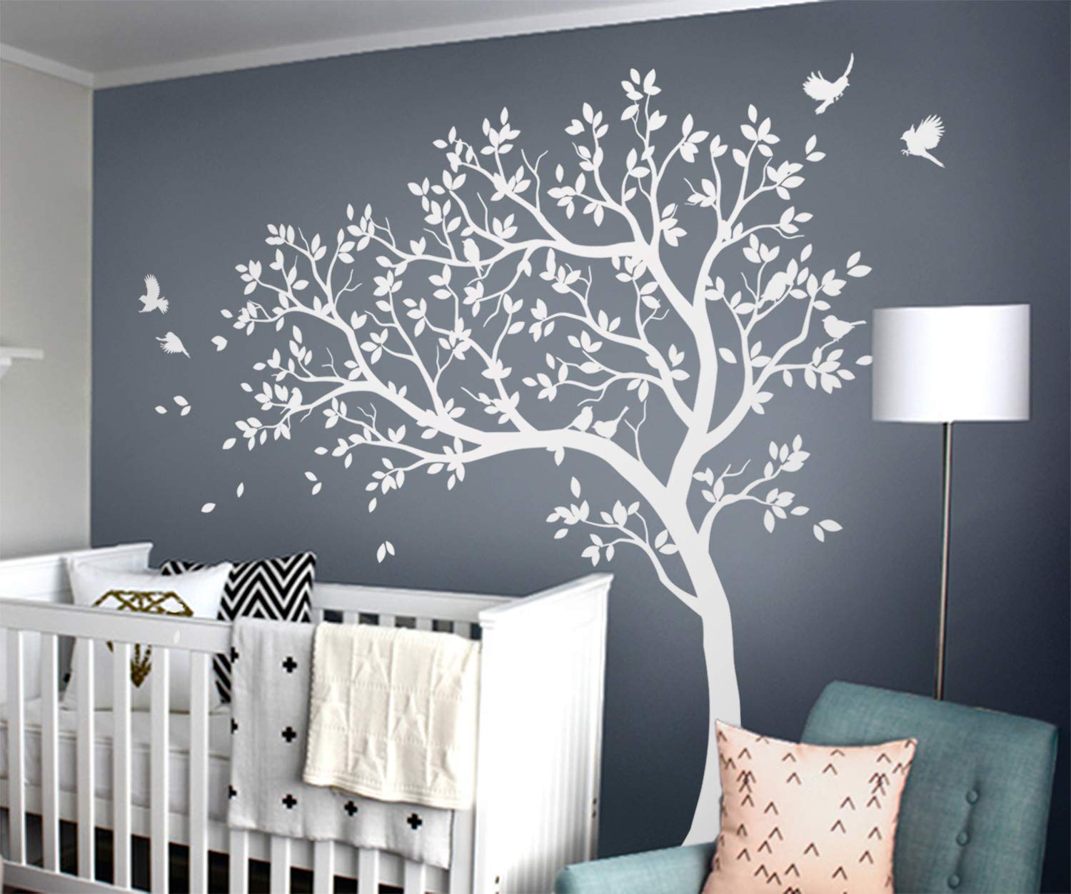 Large Tree Wall Decals Wall Tattoo Large Nursery Tree Decals Wall Mural Removable Vinyl Wall Sticker (Leaning Left, White)