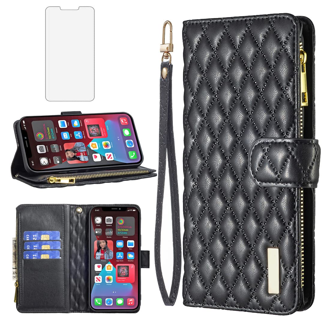 Asuwish Phone Case for iPhone 12 Pro Max 6.7 Wallet Cover with Tempered Glass Screen Protector and Leather Flip Card Holder Cell iPhone12promax 5G i 12s Plus iPhone12 12pro Promax Women Girls Black