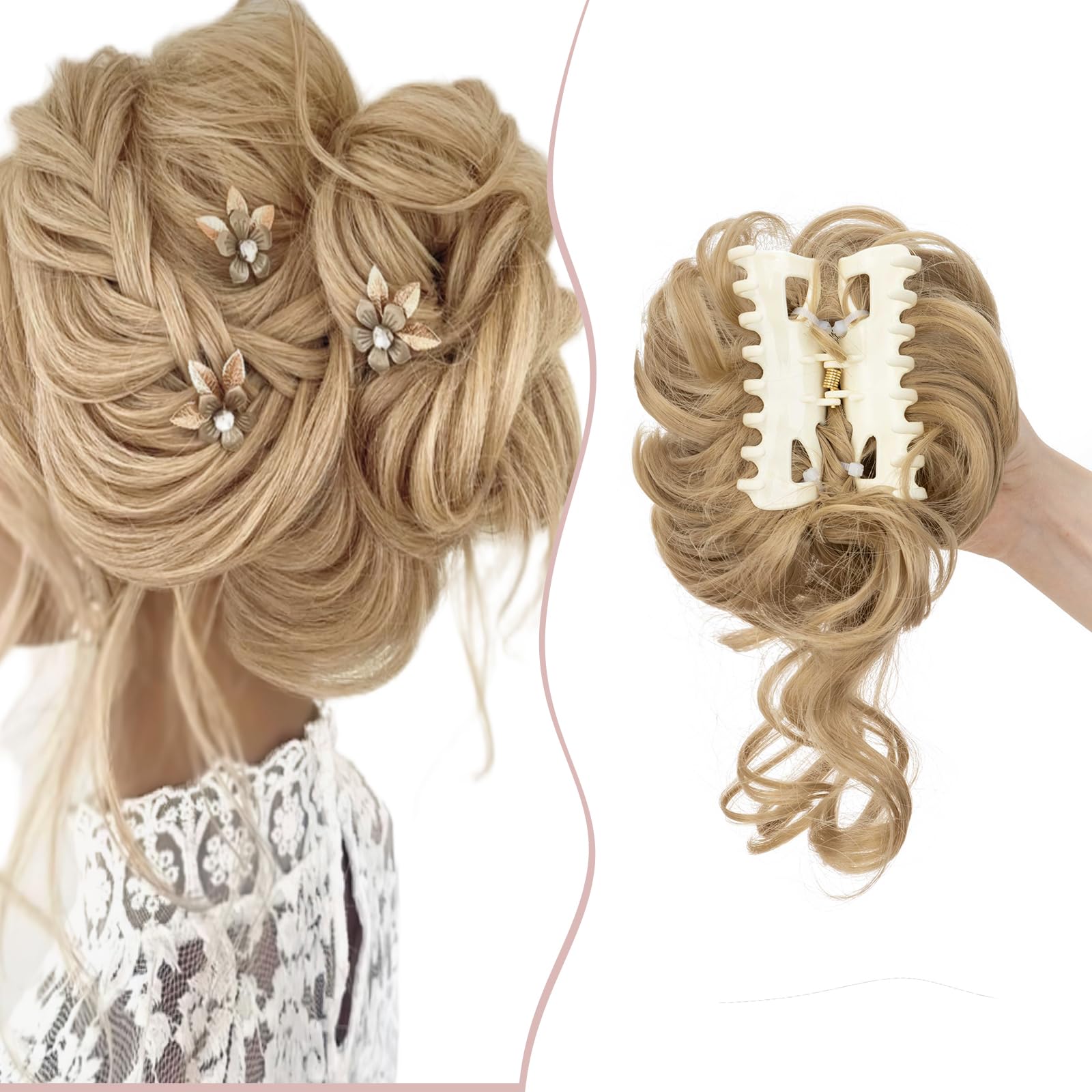 Claw Messy Bun Hairpieces Wavy Curly 75G Thick Hair Chignon Tousled Updo Doughnut Hair Bun Synthetic Ponytail, Ash Blonde