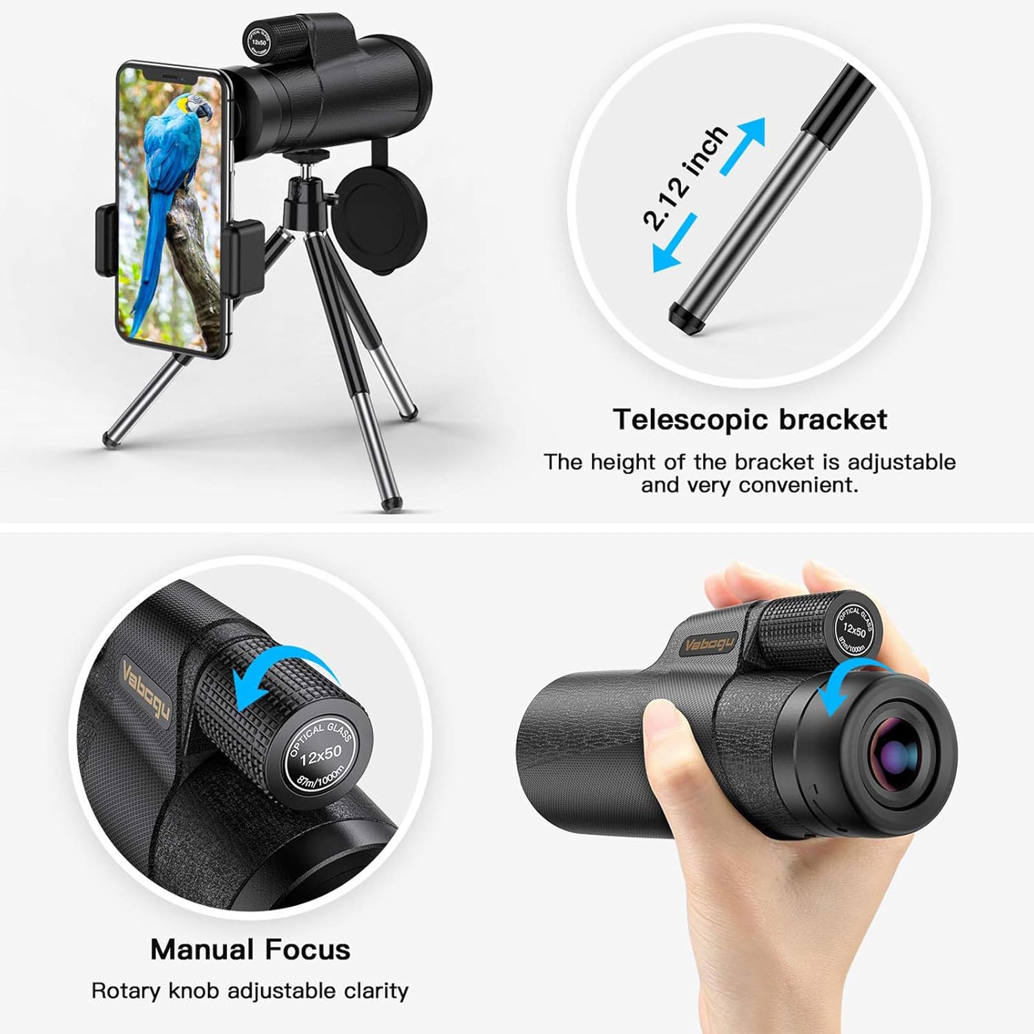 Monocular Telescope, 12x50 High Power HD Monocular for Bird Watching Adults with Smartphone Holder & Tripod BAK4 Prism for Wildlife Hunting Camping Travelling Wildlife - 2020 Newest (1250, Black) : Camera & Photo