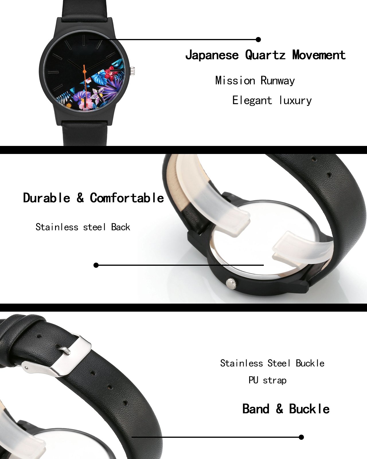 JSDDE Uhren,Vintage Klassische Blumen Armbanduhr Basel-Stil Damen Uhr PU Lederband Analog Quarzuhr,Schwarz