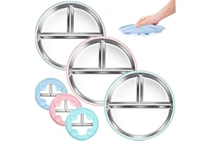 Bella's Friends Stainless Steel Toddler Plates Silicone Suction,3 Packs Non-Slip Baby Plates,Divided Portion,Food-Grade Silicone Plate for Kids,LEAD-FREE Dishwasher Safe, Green Blue Pink