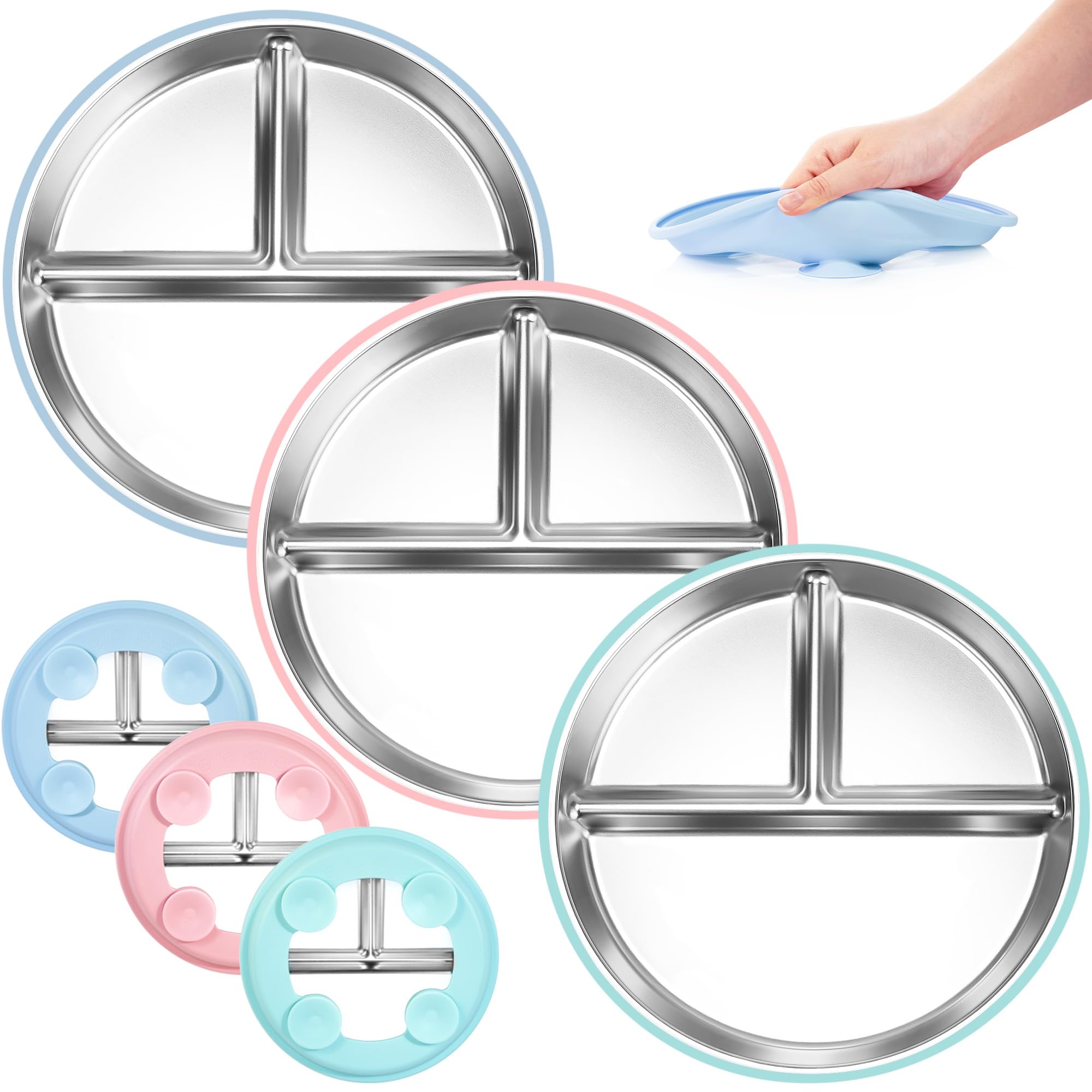 Photo 1 of * missing the green one *
Bella's Friends Stainless Steel Toddler Plates Silicone Suction,3 Packs Non-Slip Baby Plates,Divided Portion,Food-Grade Silicone Plate for Kids,LEAD-FREE Dishwasher Safe, Green Blue Pink
