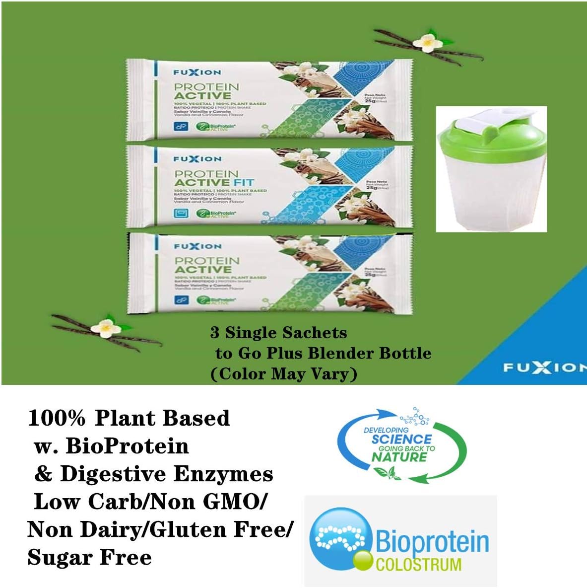 FuXion Protein Active Fit Nutritional Shake Mix Vanilla - 100% Plant Based w. BioProtein & Enzymes - Low Carb/Non GMO/Non Dairy/Gluten Free/Sugar Free - 3 Sachets w. Blender Bottle (Color May Vary): Health & Personal Care