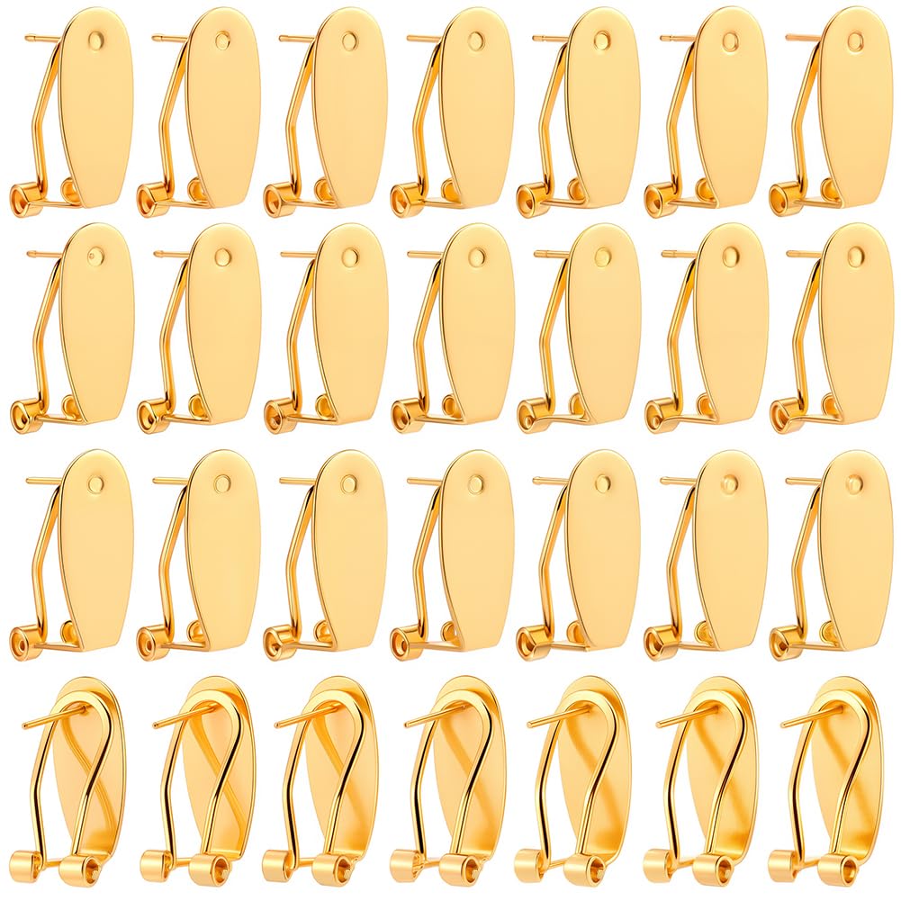 SOFPLATE 1 Box 30Pcs Clip Earring Post Fingernail Earring Post Backs Gold Brass French Hoop Studs Earring Blank with Flat Pad Posts Findings for jewellery Making Supplies DIY Diamond Resin Earrings