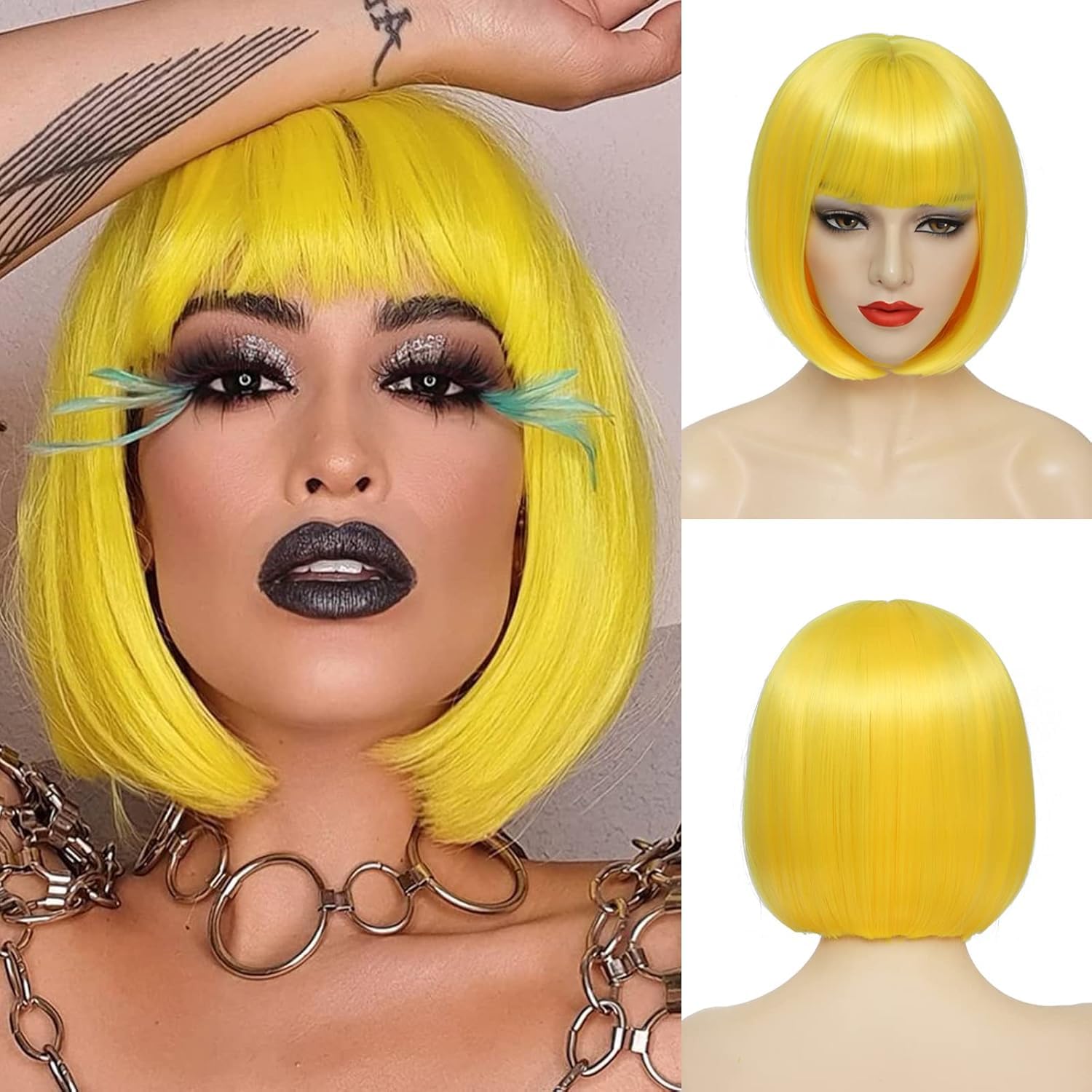 PORSMEER Short Vivid Yellow Bob Wigs with Fringe For Unisex Womens Girls Natural Synthetic Hair Colorful Costume Cosplay Wig for Anime Halloween Fancy Dress Party+Wig Cap,Neon Yellow — image 1