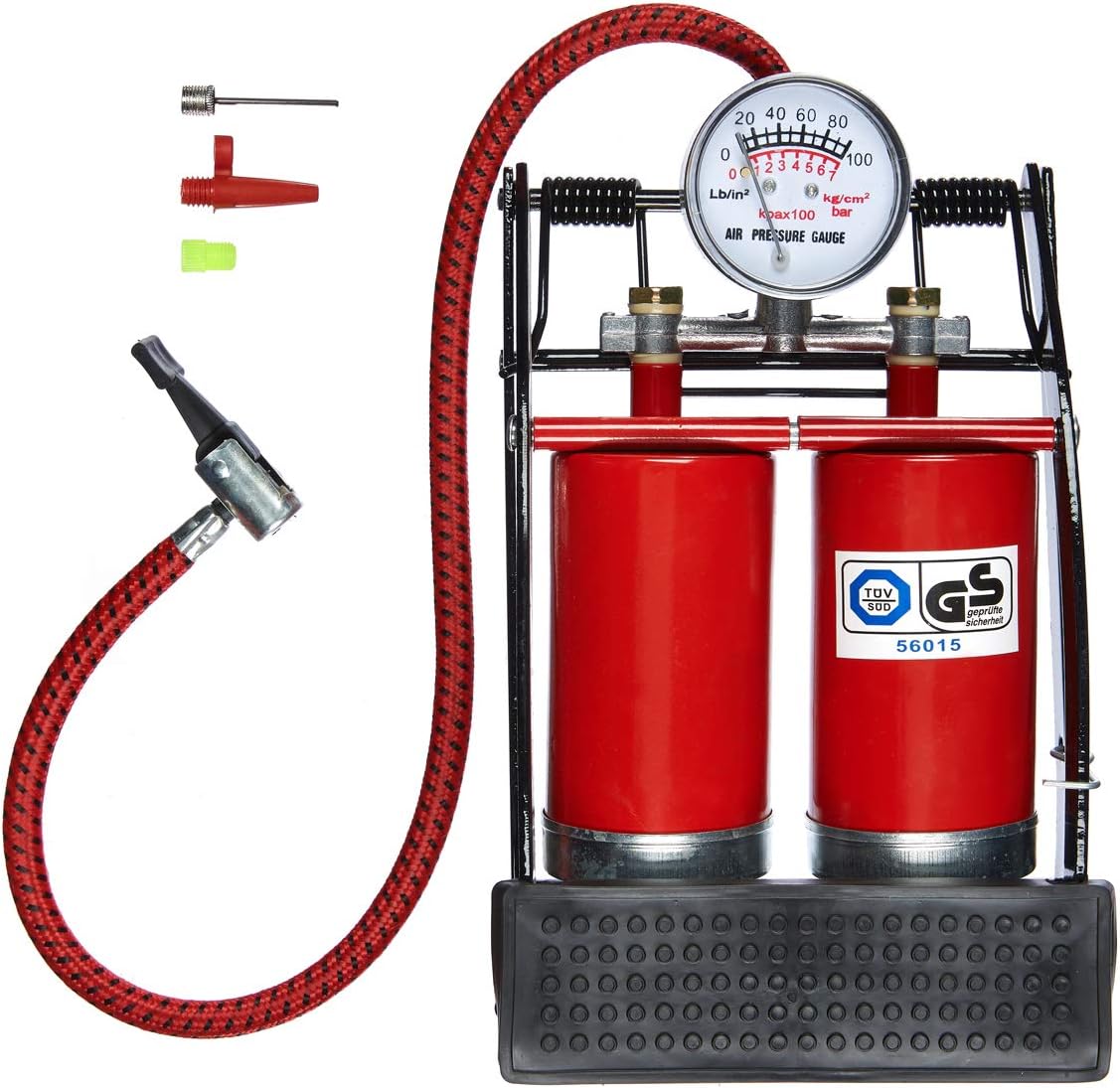 Amtech I9400 Double cylinder foot pump with gauge, Black & Red