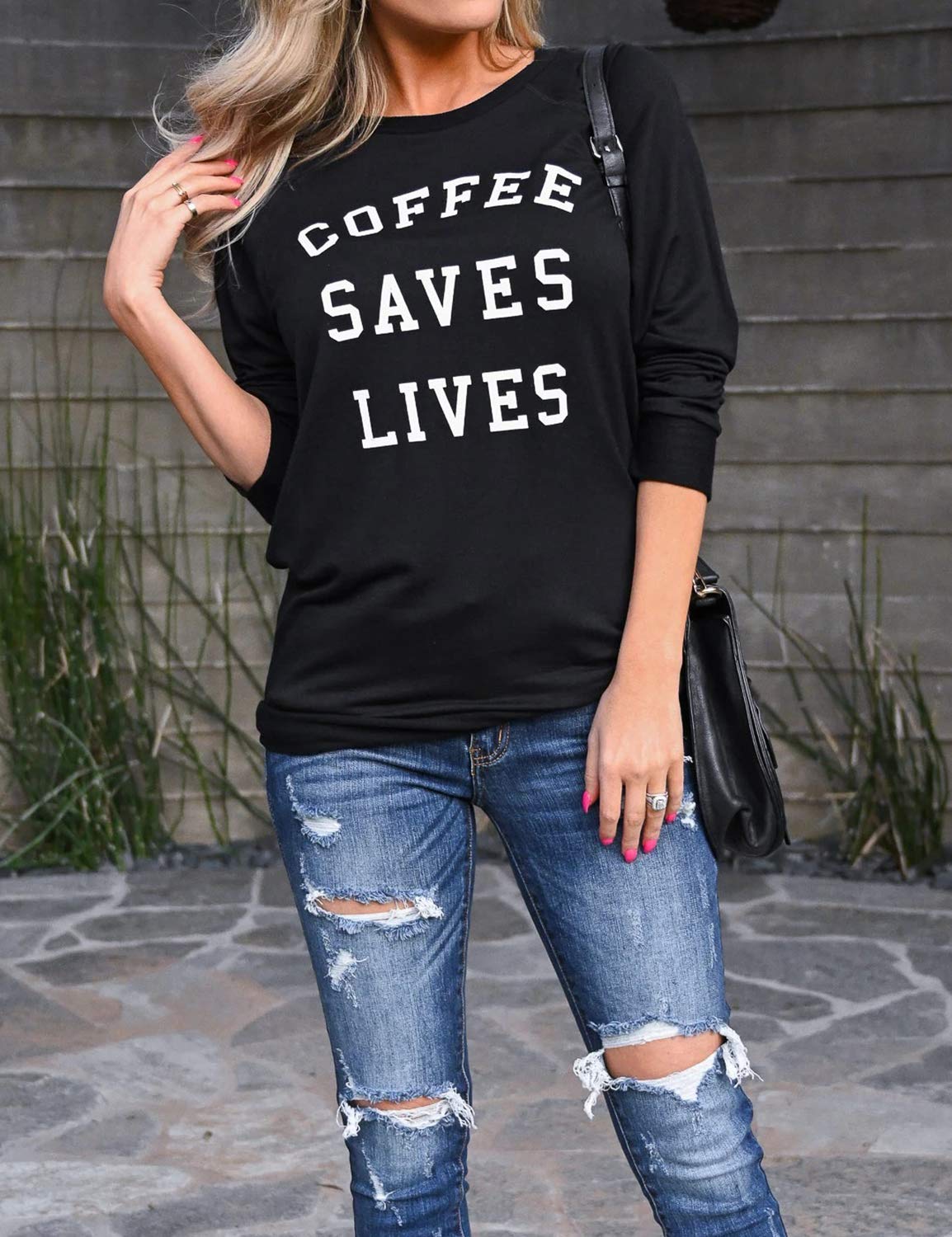 Ratilove Women\'s Letter Print Pullover Shirt Fall Casual Cute Long Sleeve Raglan Crewneck Sweatshirt Top Black