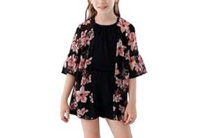 GORLYA Girl's Floral Print Chiffon Beach Cardigan Cover ups Kids Casual Kimono Capes Swimsuit Wraps