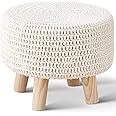 Wimarsbon Pouf Ottoman, 100% Cotton Knitted Boho Footstool, Round Footrest with Non-Skid Wood Legs, Home Décor Handmade Pouffe, Leisure Floor Step Stool for Living Room (Beige)