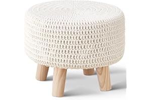 Wimarsbon Pouf Ottoman, 100% Cotton Knitted Boho Footstool, Round Footrest with Non-Skid Wood Legs, Home Décor Handmade Pouff