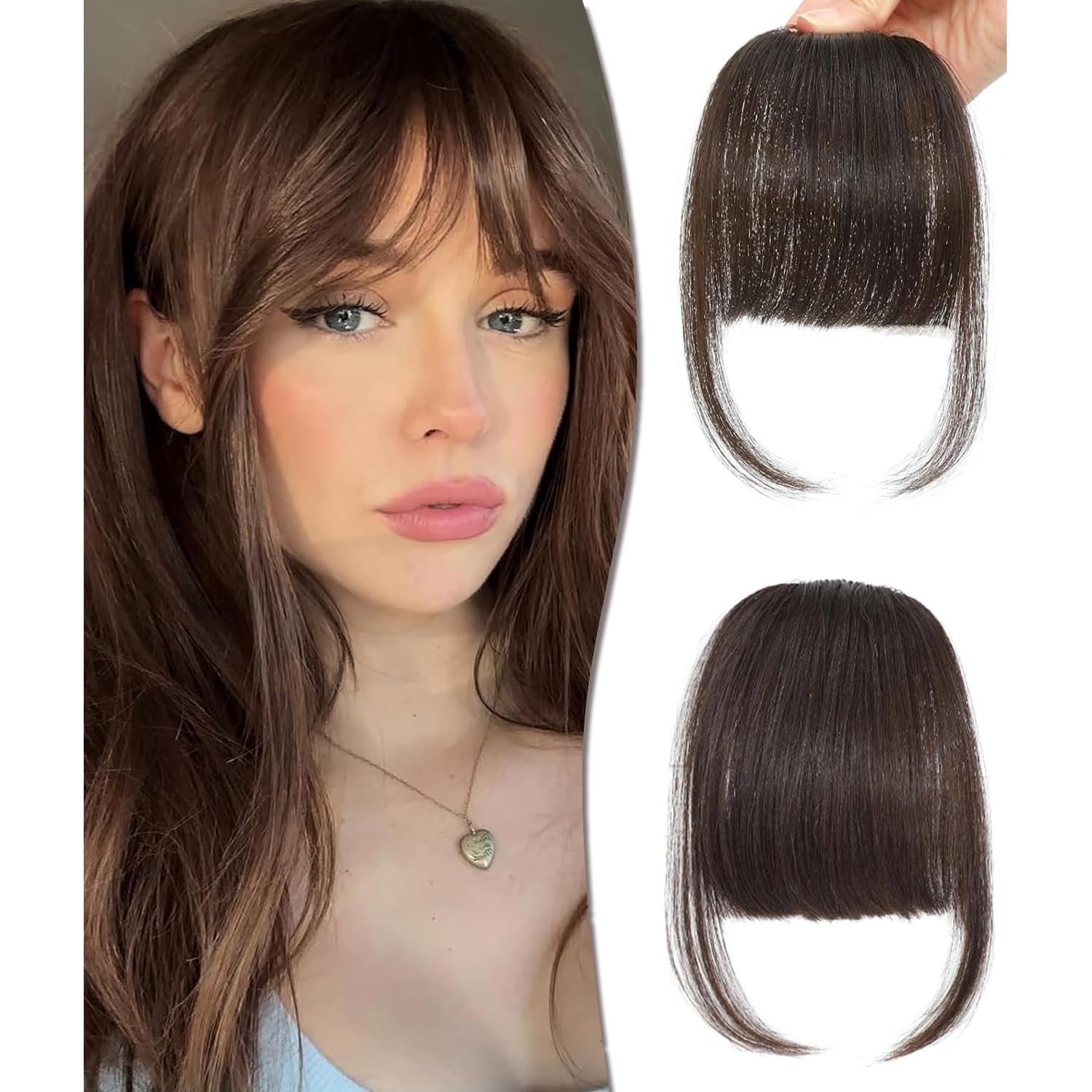 Clip in Fringe - Bangs Hair Clip in Bangs 100% Real Human Hair Extensions clip on air bangs for Women Fringe with Temples Hairpieces Curved Bangs (Dark Brown, Neat Bangs) — image 1