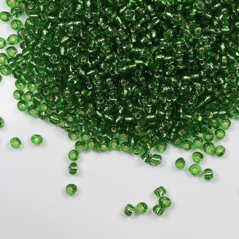 Tibaoffy Clear Green Silver Lined Beads Size 6/0 Craft Glass Seed Beads 4mm for Jewellery Making (Total Approx 100g, Total Approx 1200pcs)