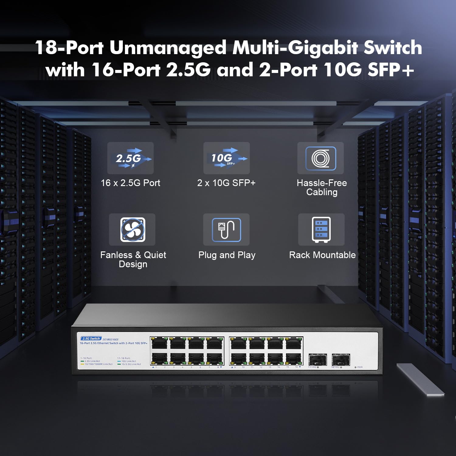 18-Port-2,5-G-Switch, 16x2,5G + 2x10G SFP+, lüfterloser, YuLinca 2,5-Gigabit-Switch für PC, Nicht verwalteter Ethernet-Switch aus Metall, Plug & Play, geräuschlos, für Desktop/Rackmontage 2