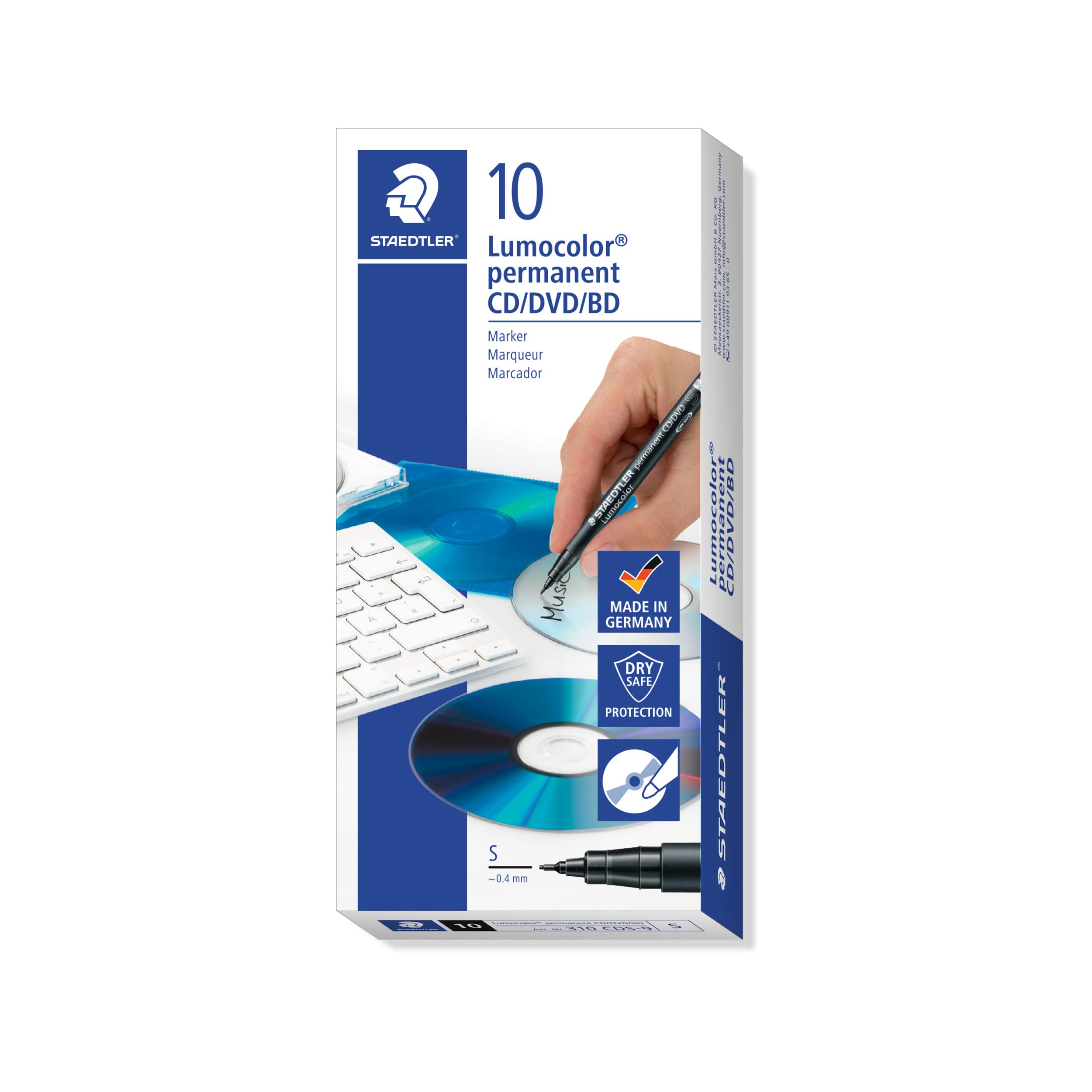 STAEDTLER 310 CDS-9 Lumocolor Permanent CD/DVD Marker Pen, Superfine 0.4mm Line Width - Black (Box of 10)