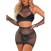 Kaei&Shi Rave Outfits for Women Festival,Glitter Rhinestone Fishnet Skirt Set,Sexy Mesh Swimsuit Cover Up Pool Party Outfit