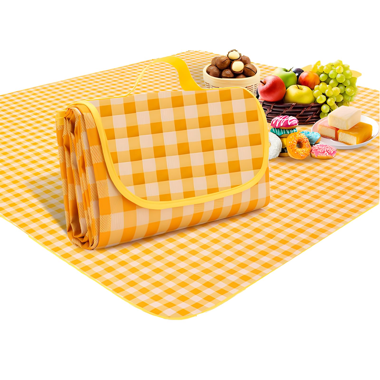 JYJLLM Picnic Blanket Waterproof,picnic blanket waterproof 150x200CM, Foldable Washable Beach Mat Picnic Mat with Carrying Handle, Outdoor Beach Blanket for Camping Park Hiking (Yellow grid)