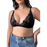 Women's Plus Size Lace Bralette Wireless Bra Deep V Neck Full Coverage Sheer Bralettes Unlined Bra.