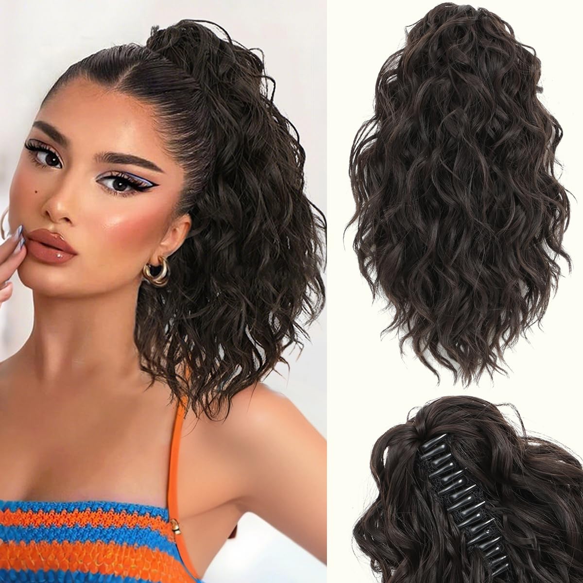VEGALILY 12 inch Ponytail Extension Dark Brown Hair Extensions Clip in Drawstring Ponytail Short Curly Claw Clip Ponytail Hair Extensions Synthetic Hair Pieces for Women for Daily Use — image 1