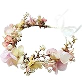 LLinfflr Pearl Flower Crown Floral Garland Headband Flower Halo Headpiece Hair Wreath Boho Wedding Photos Pink
