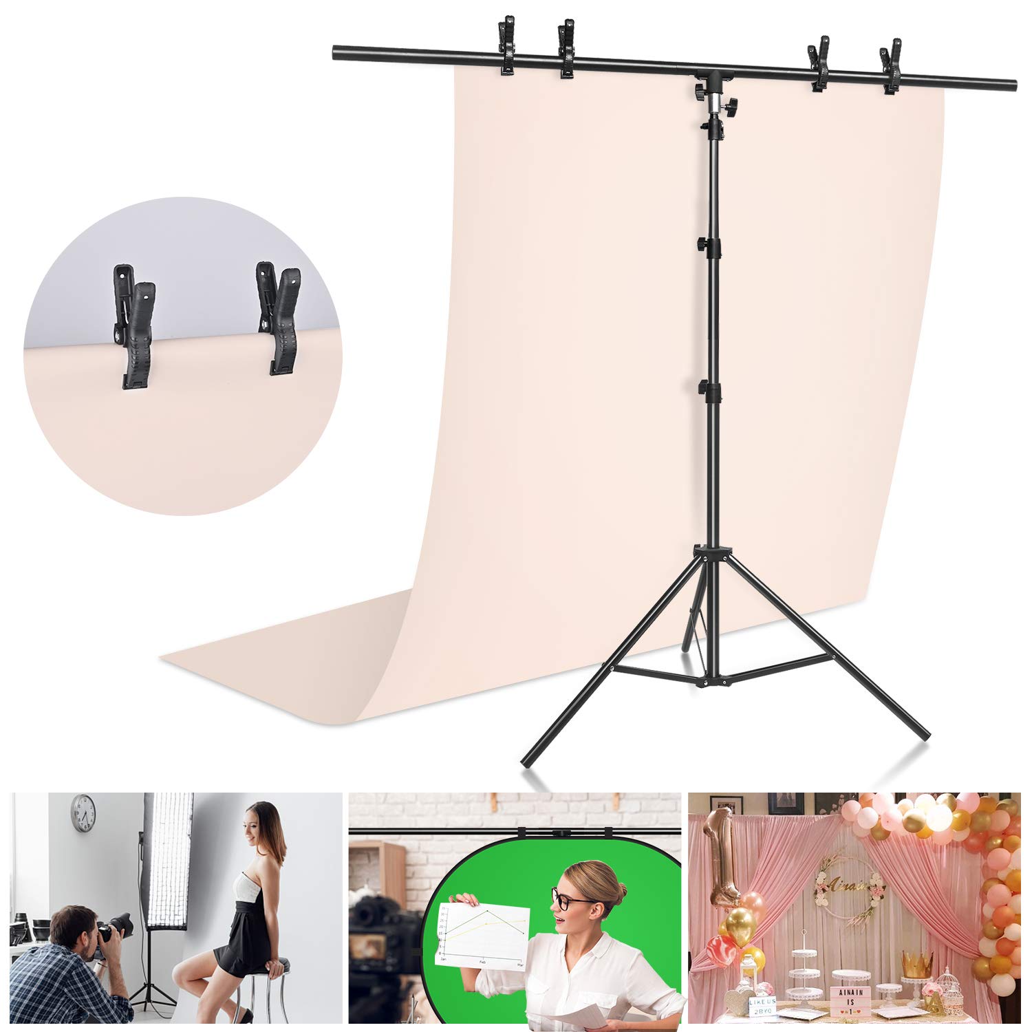 Yesker T- Shape Backdrop Stand Kit 8.5ftx5ft Adjustable Portable Photo Background Backdrop Stand with 4 Spring Clamps Back Drop for Photography Photoshoot