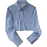 SweatyRocks Women's Striped Button Down Crop Blouse Long Sleeve Collar Shirt Tops with Pocket